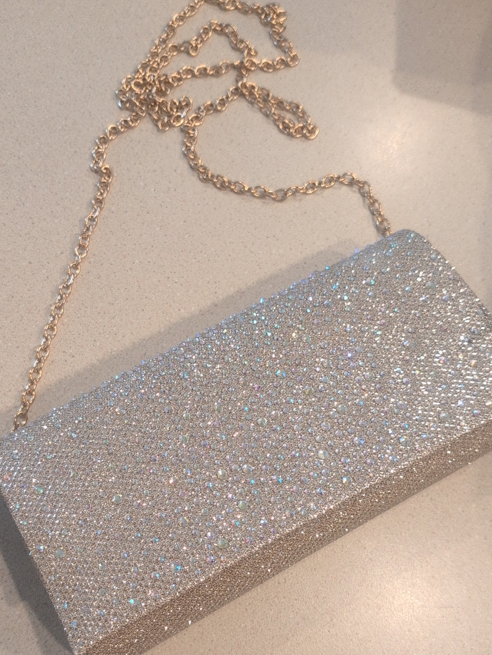 Sparkling Silver Evening Clutch with Gold Chain